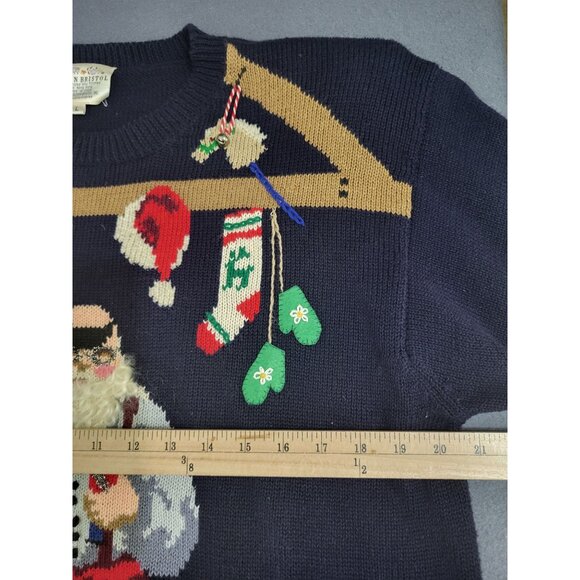 VTG 90s Susan Bristol Navy Santa's Workshop Embroidered Ugly Christmas Sweater L - Picture 4 of 8
